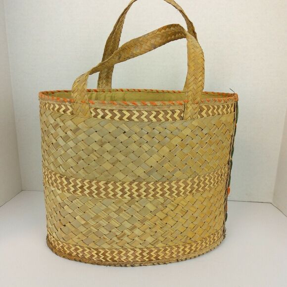 VTG Woven Straw Sea Shell Wicker Beach Tote Market Bag Raffia Floral Colorful - Picture 4 of 12